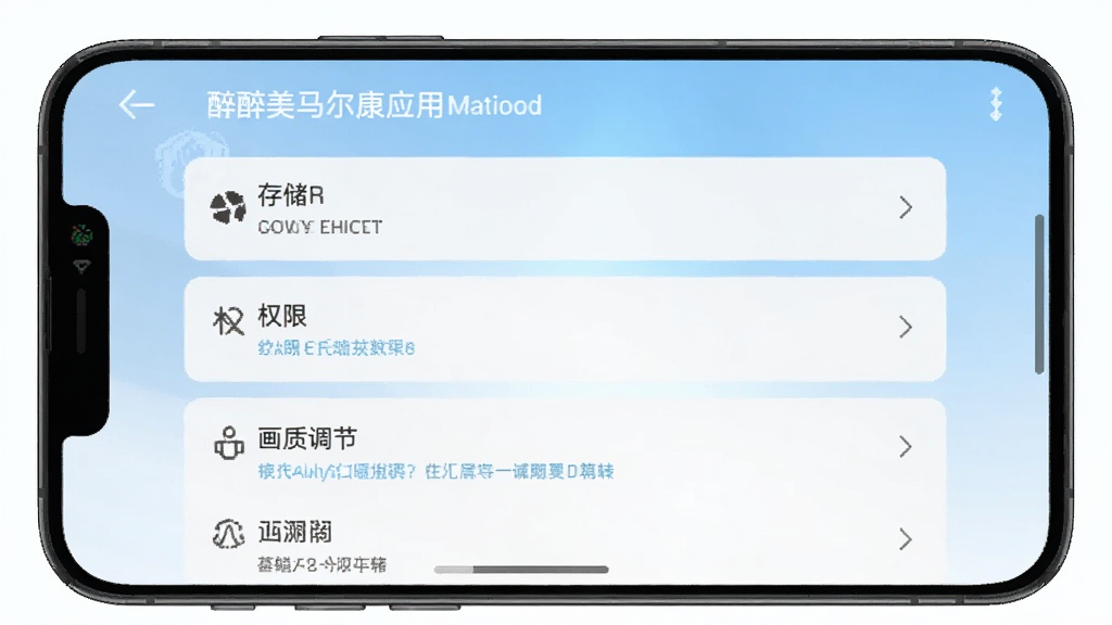 手机屏幕显示醉美马尔康应用设置界面,包含存储、权限、画质调节等选项,界面风格简洁,背景为淡蓝色渐变,画质清晰,干净无多余元素