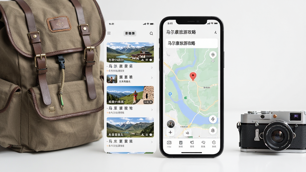 手机屏幕显示马尔康旅游攻略页面,包含景点列表与地图标记,旁边有背包与相机元素点缀,布局为左右分栏,风格简约现代,细节精致,画质高清,干净无多余元素