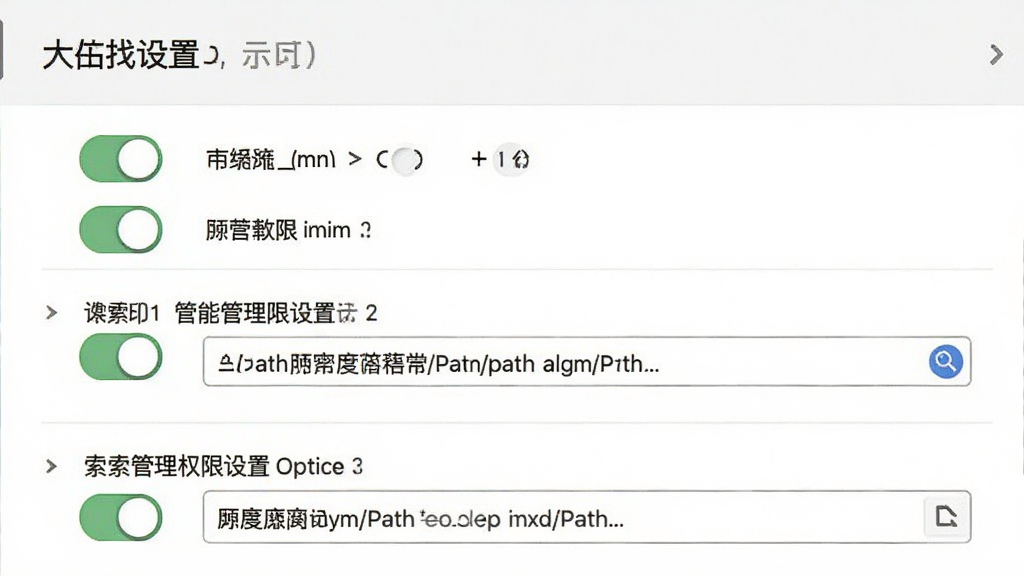 一张展示大白找找软件设置界面的示意图,画面主体是索引管理和权限设置选项,布局为纵向列表,风格简洁实用,细节包括开关按钮和路径选择框,画质干净,无多余元素