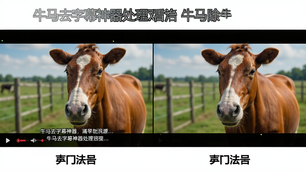 一张展示牛马去字幕神器处理前后对比效果的图片,画面左右分屏,左侧是带有字幕的视频截图,右侧是去除字幕后的干净画面,布局为对比展示,风格直观清晰,细节包括画面色彩饱满、对比明显,画质高清,干净,无多余元素