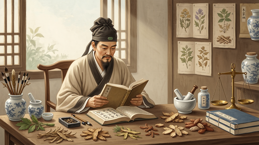 画面为一位古代中医师坐在书桌前翻阅《本草纲目》的场景,桌上摆满各类草药标本与瓷瓶,窗外透进柔和日光,画风为仿古工笔画,布局采用三分法构图,人物居中偏左,右侧展示草药图谱与药材实物,细节包括药碾、药秤与线装书,整体色调为暖棕色与米白色,画质高清,画面干净,无多余元素。