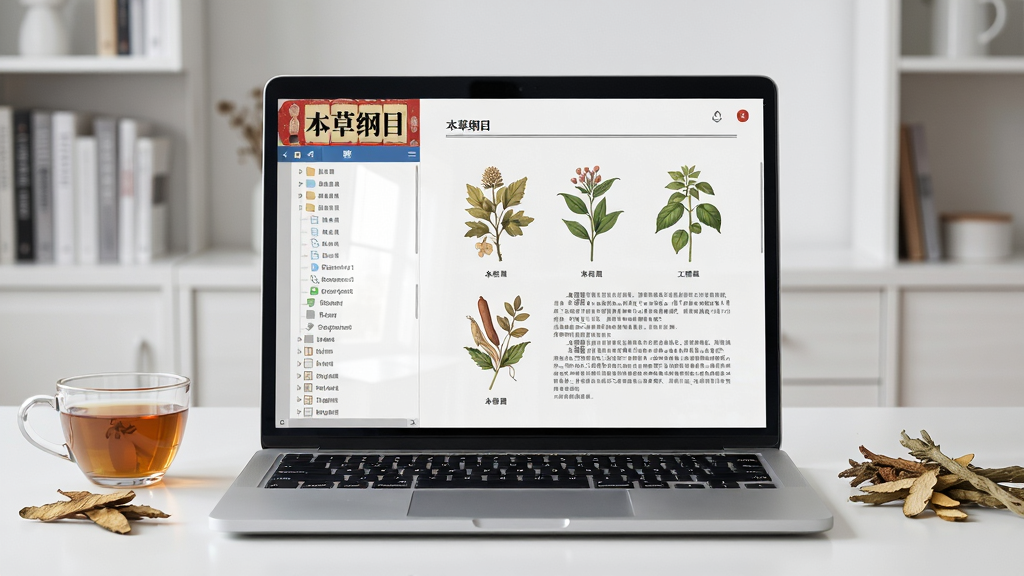 画面为一台打开的笔记本电脑,屏幕上显示《本草纲目》电子书界面,左侧为目录树,右侧为草药图谱与文字注解,电脑旁放着一杯茶与几株干燥草药,背景为整洁的书房环境,风格为现代简约实拍感,布局为居中构图,细节包括屏幕反光与键盘纹理,画质高清,画面干净,无多余元素。