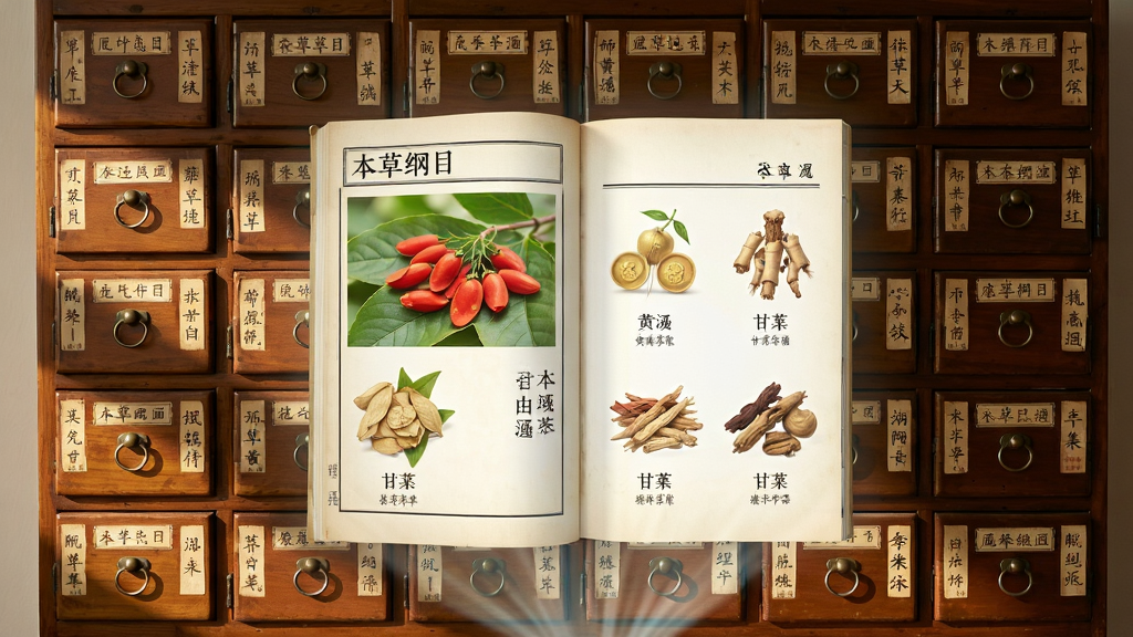 画面展示一面木质中药柜,柜子有上百个小抽屉,每个抽屉上标注着草药名称,柜子前方悬浮着《本草纲目》书页投影,投影中显示枸杞、黄芪、甘草等药材的彩色图谱与文字说明,整体风格为写实摄影与数字投影结合,布局为对称式,光线从左侧打入,细节包括抽屉铜环与标签纸,画质高清,画面干净,无多余元素。