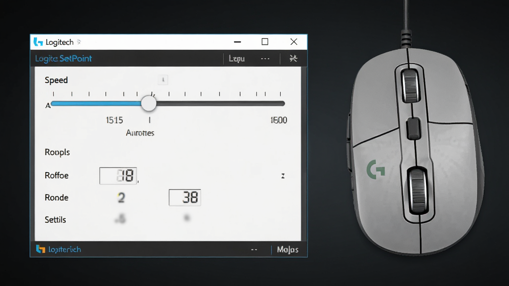 一张展示 Logitech SetPoint 指针调节界面的图片,画面中软件窗口显示指针速度滑块和滚轮设置选项,旁边放置着一只罗技鼠标,背景为深色渐变桌面,布局为左侧软件界面右侧硬件实物的对比构图,风格为简洁科技风,细节包括滑块刻度、数值显示、鼠标滚轮特写,画质高清,画面干净,无多余元素