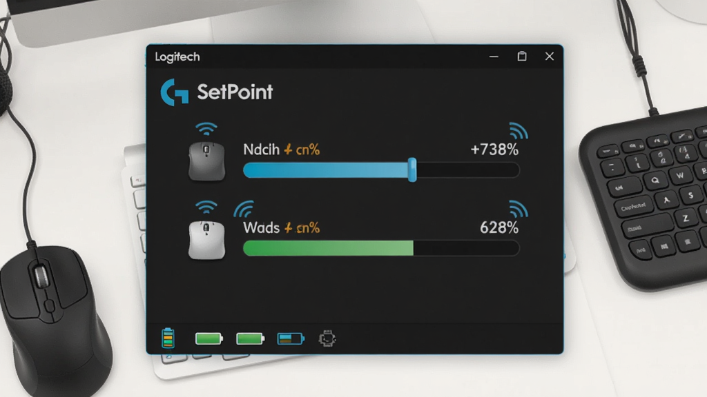 一张展示 Logitech SetPoint 电池状态界面的图片,画面中软件窗口显示无线鼠标和键盘的电量百分比进度条,托盘区域有电池图标,背景为浅色办公桌面,布局为软件界面居中,周围环绕无线键鼠设备,风格为清爽办公风,细节包括电量百分比数字、设备图标、连接信号波纹,画质清晰,画面干净,无多余元素