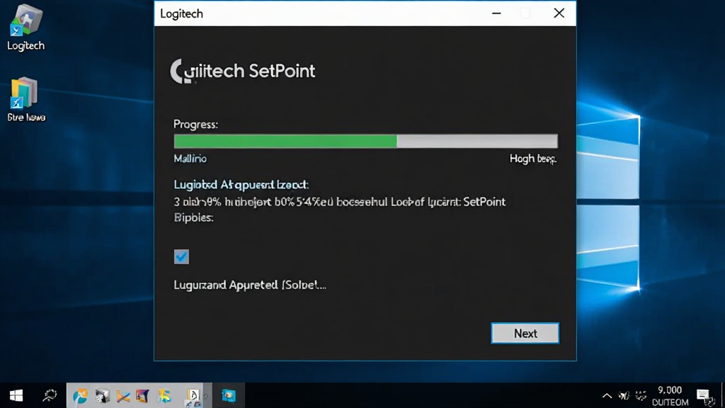 一张展示 Logitech SetPoint 安装向导界面的图片,画面中软件安装窗口显示进度条和许可协议勾选项,背景是Windows桌面环境,布局为窗口居中,风格为简洁安装界面风,细节包括进度百分比、下一步按钮、许可协议文字,画质清晰,画面干净,无多余元素