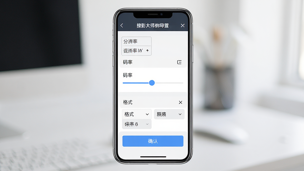 一张展示搜影大师视频导出设置界面的图片,画面中央是手机屏幕,屏幕上显示分辨率选项、码率滑块、格式选择等参数设置项,布局清晰分层,风格为简约商务风,细节包括进度条、确认按钮、参数标签,画质清晰干净,无多余元素