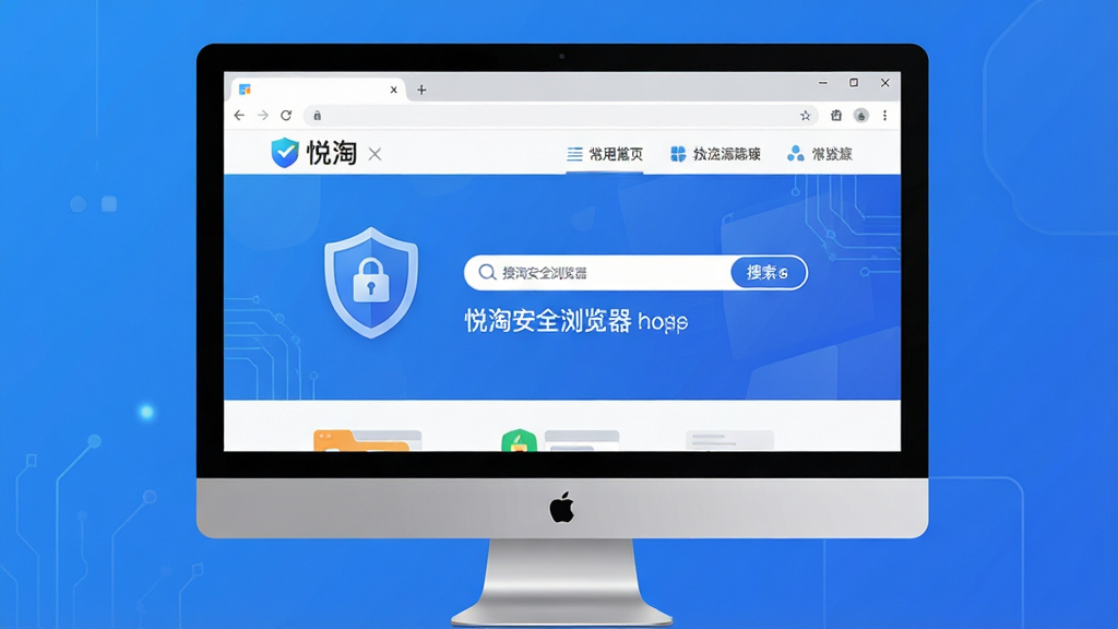 悦淘安全浏览器软件界面主视觉,主体为电脑屏幕显示浏览器主页,布局采用居中构图,排版简洁清晰,风格为现代科技感扁平化设计,细节包含盾牌安全图标、搜索框、常用网址导航,画面干净无多余元素,高清画质,文字标注“悦淘安全浏览器”
