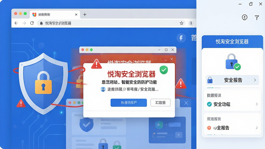 悦淘安全浏览器智能安全防护功能展示图,主体为浏览器拦截恶意网站弹窗提示,布局为左右分栏左侧显示拦截盾牌右侧显示安全报告,排版整齐,风格为扁平化科技风,细节包含红色警告标识、绿色安全勾选、数据加密锁图标,画面干净无多余元素,高清画质,文字标注“悦淘安全浏览器”