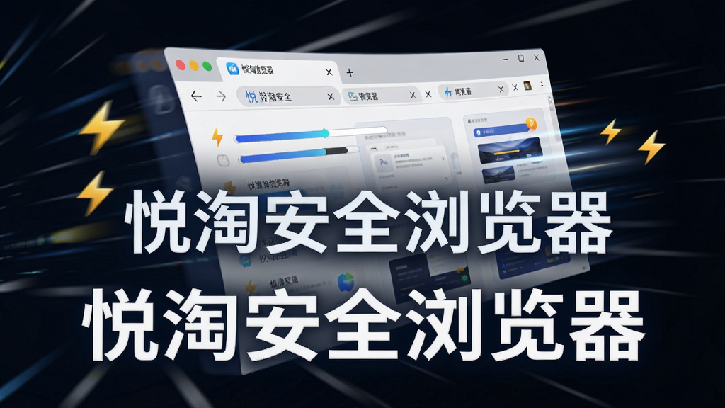 悦淘安全浏览器极速浏览体验展示图,主体为多标签页浏览器窗口飞速加载动画,布局为动态速度线贯穿画面,排版富有动感,风格为现代简约科技风,细节包含闪电图标、进度条、标签页缩略图,画面干净无多余元素,高清画质,文字标注“悦淘安全浏览器”
