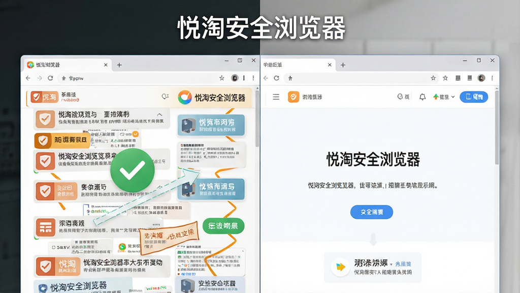 悦淘安全浏览器广告过滤功能演示图,主体为浏览器页面过滤前后对比,布局为左右对比排版左侧显示杂乱广告右侧显示干净页面,风格为清新简约风,细节包含广告屏蔽图标、对勾标记、整洁排版,画面干净无多余元素,高清画质,文字标注“悦淘安全浏览器”