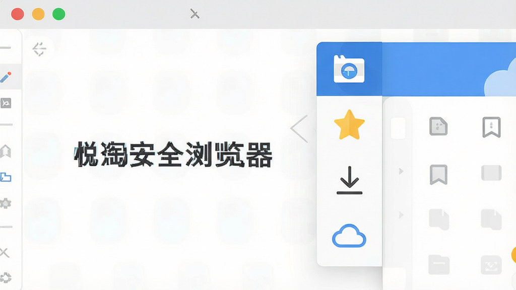 悦淘安全浏览器便捷工具栏功能展示图,主体为浏览器侧边栏工具栏展开状态,布局为右侧竖排图标列表,排版清晰,风格为扁平化设计,细节包含截图图标、书签星标、下载箭头、同步云图标,画面干净无多余元素,高清画质,文字标注“悦淘安全浏览器”