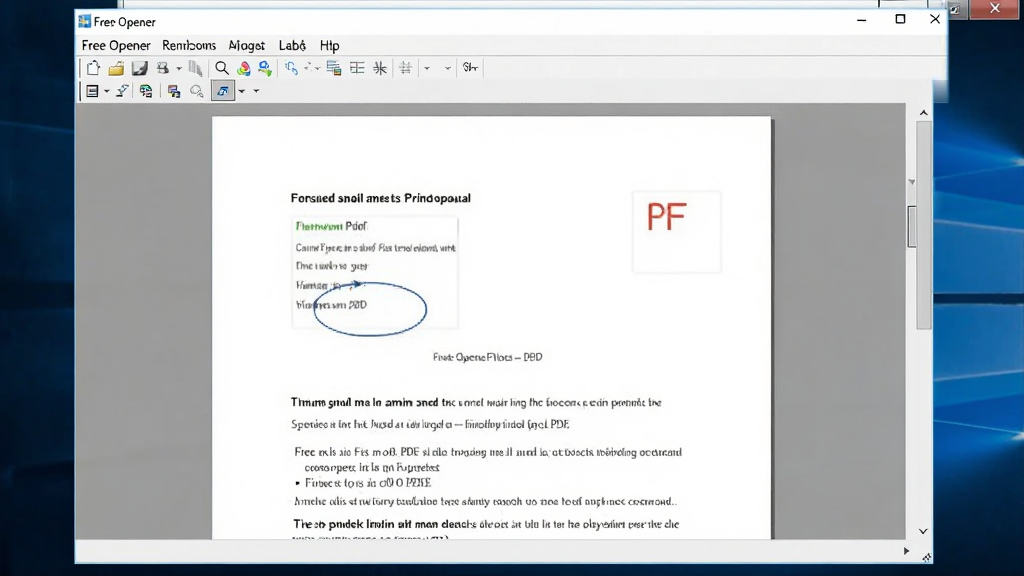 一张展示 Free Opener 软件在 Windows 电脑上正常打开 PDF 文档的截图,主体是软件窗口和文档内容,布局居中,排版清晰,风格办公场景,细节包括菜单栏和滚动条,画质清晰,干净,无多余元素