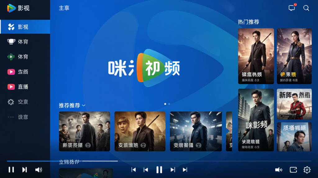 咪咕视频软件主界面全貌展示,画面中央为咪咕视频Logo和推荐内容轮播图,左侧为导航菜单栏包含影视、体育、综艺、直播等分类,右侧为热门推荐海报墙,底部为播放控制栏,整体布局清晰整洁,风格现代科技感,蓝色为主色调,画质高清,干净无多余元素