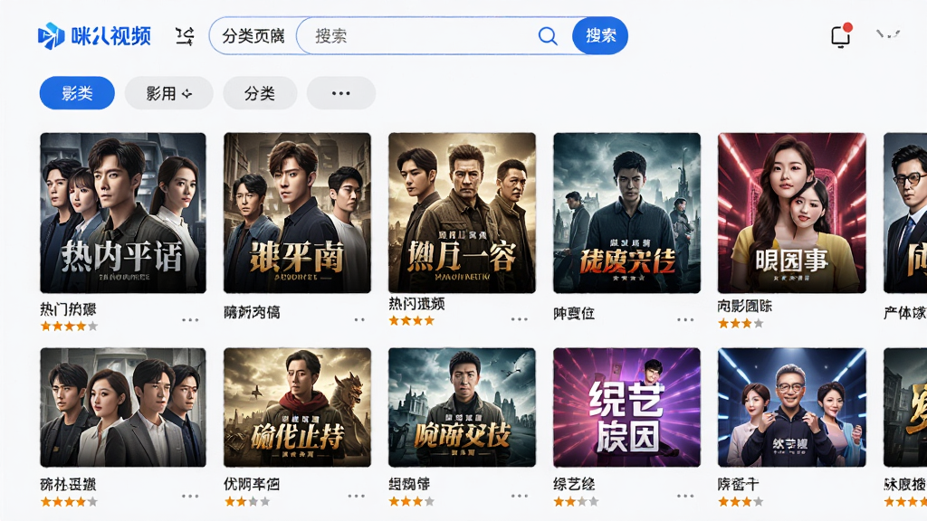 咪咕视频影视内容页面展示,画面中呈现多排影视海报墙,包含热门电视剧、电影、综艺等封面图,每张海报下方标注剧名和评分,页面顶部有搜索框和分类筛选标签,整体风格简洁明亮,蓝色调为主,排版整齐,画质高清,干净无多余元素