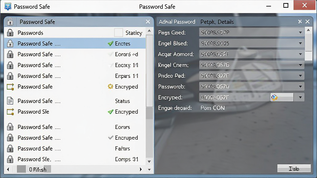 一张展示 Password Safe 软件主界面的图片,画面中央是软件窗口,左侧为密码条目列表,右侧为账号密码详情区域,窗口标题栏显示 Password Safe 字样,整体布局清晰,风格为简洁商务风,细节包括锁形图标、加密状态标识,画质清晰,干净,无多余元素