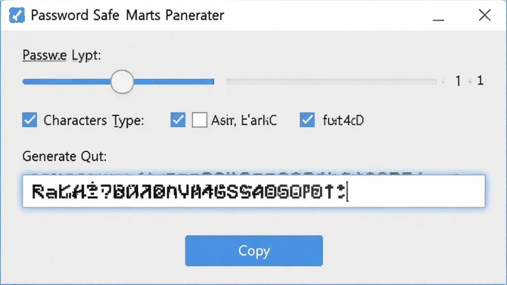 一张展示 Password Safe 密码生成器功能的图片,画面主体是软件界面中的密码生成设置面板,显示密码长度滑块、字符类型勾选框和生成出的随机密码字符串,布局居中,风格为简洁工具风,细节包括高亮显示随机密码、复制按钮,画质清晰,干净,无多余元素