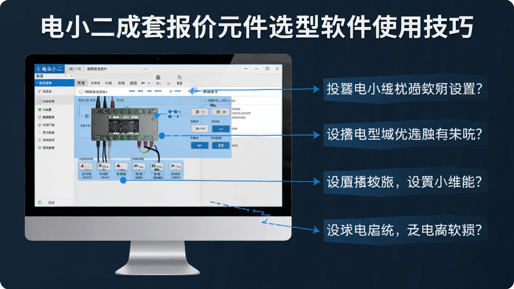 一张展示电小二成套报价元件选型软件使用技巧的图片,画面中显示电脑屏幕上的软件操作界面,旁边有标注文字说明设置步骤,界面采用蓝色高亮标注关键操作区域,风格简洁清晰,画质高清,干净无多余元素