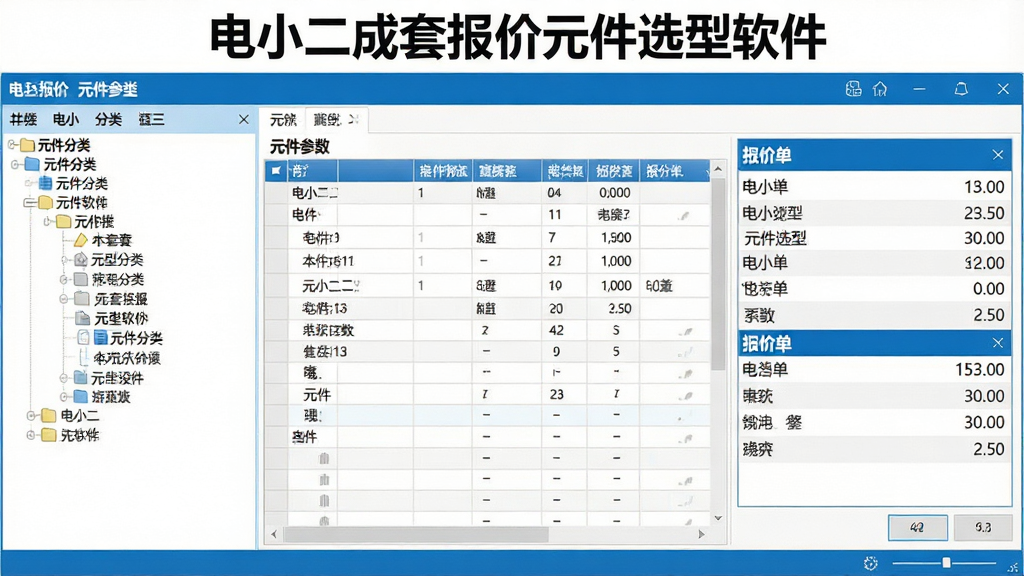 一张展示电小二成套报价元件选型软件主界面的图片,画面中央是软件操作界面,左侧为元件分类树形菜单,右侧为元件参数表格和报价单,界面采用蓝白配色简洁风格,顶部有软件名称