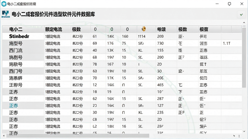一张展示电小二成套报价元件选型软件元件数据库界面的图片,画面中显示多个品牌电气元件的参数列表,包括施耐德、西门子、正泰等品牌,表格中列出型号、额定电流、极数等字段,界面采用浅色背景,文字清晰,风格专业简洁,画质高清,干净无多余元素