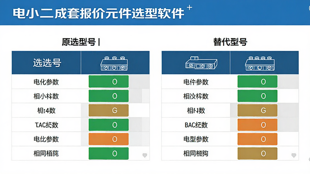 一张展示电小二成套报价元件选型软件参数对比功能的图片,画面中显示两个电气元件的参数对比表格,左侧为原选型号,右侧为替代型号,表格中用绿色标注相同参数,用橙色标注差异参数,界面简洁专业,画质高清,干净无多余元素