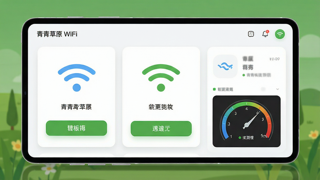 一张展示青青草原WiFi软件界面的概念图,主体是简洁现代的软件主界面,布局采用卡片式设计,排版清晰,风格为科技简约风,细节包括WiFi信号图标、连接按钮和测速仪表盘,画质高清,画面干净,无多余元素