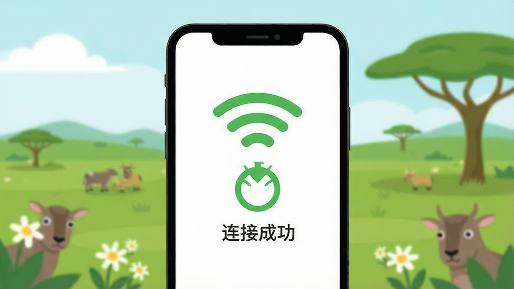一张展示青青草原WiFi一键连接功能的场景图,主体是手机屏幕显示连接成功的动画效果,布局居中,排版简洁,风格为扁平化插画风,细节包括绿色信号波纹、连接图标和“连接成功”文字,画质高清,画面干净,无多余元素