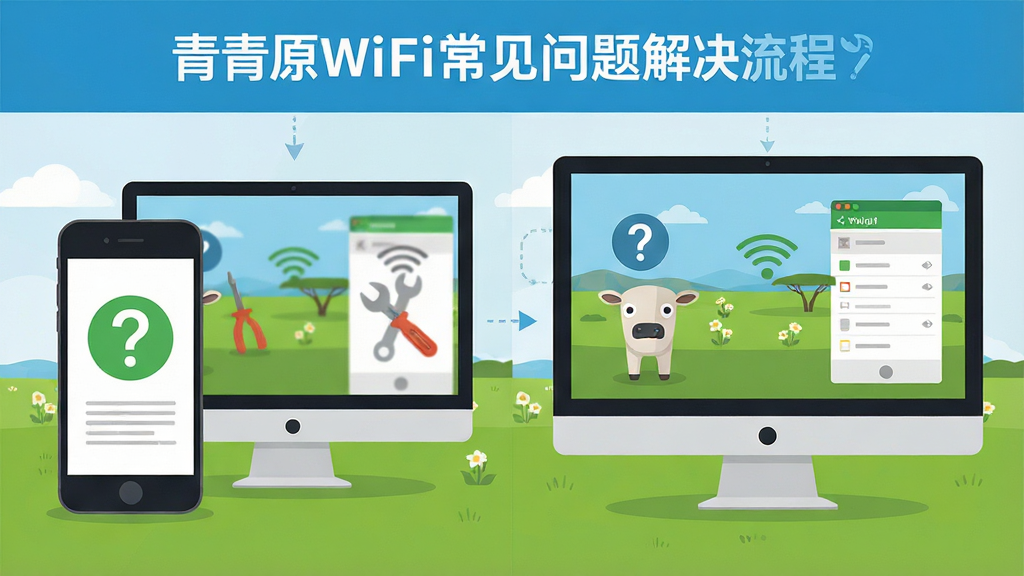 一张展示青青草原WiFi常见问题解决流程的插画,主体是手机与电脑屏幕并列显示,布局左右分栏,排版清晰,风格为扁平化信息图,细节包括问号图标、修复工具和设置界面,画质高清,画面干净,无多余元素