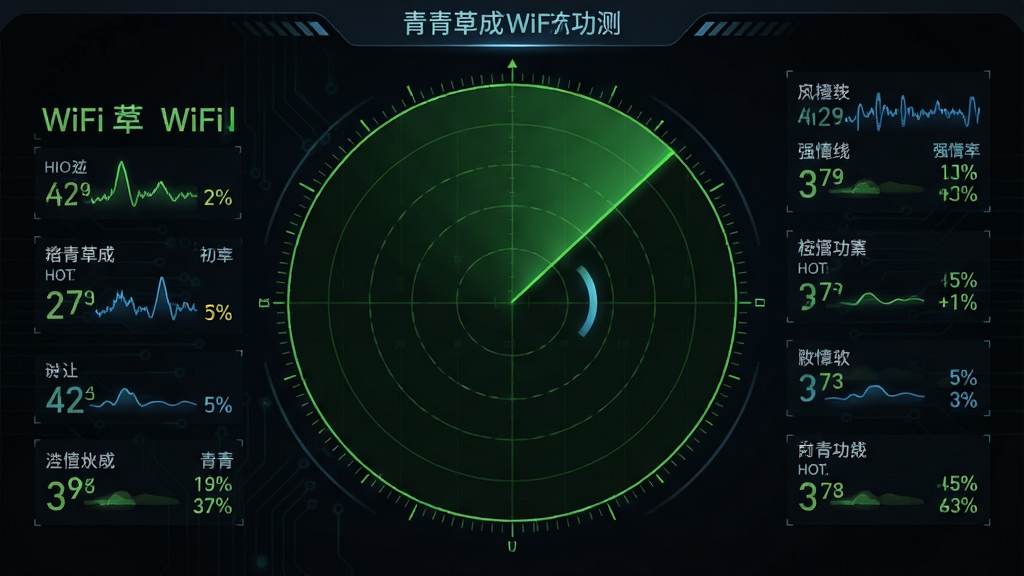 一张展示青青草原WiFi信号检测功能的示意图,主体是雷达扫描界面,布局采用圆形扫描区域,排版清晰,风格为深色科技风,细节包括信号波形、热点名称和强度数值,画质高清,画面干净,无多余元素