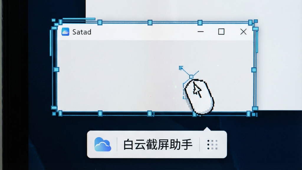 一张电脑屏幕局部截图,画面中鼠标正在框选一个软件窗口,窗口边缘出现高亮的智能吸附线条,截图工具栏悬浮在选区下方,工具栏上显示“白云截屏助手”的文字标识,布局清晰,风格为科技感简约风,细节展示边缘吸附效果,画质清晰,干净无多余元素
