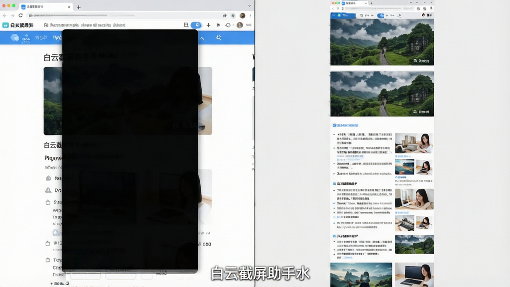一张展示长截图效果的图片,画面左侧是滚动截图前的网页局部,右侧是拼接完成的长图预览,长图内容完整连续,底部有“白云截屏助手”生成的长图水印,布局左右对比,风格为清晰演示风,细节体现无缝拼接效果,画质清晰,干净无多余元素