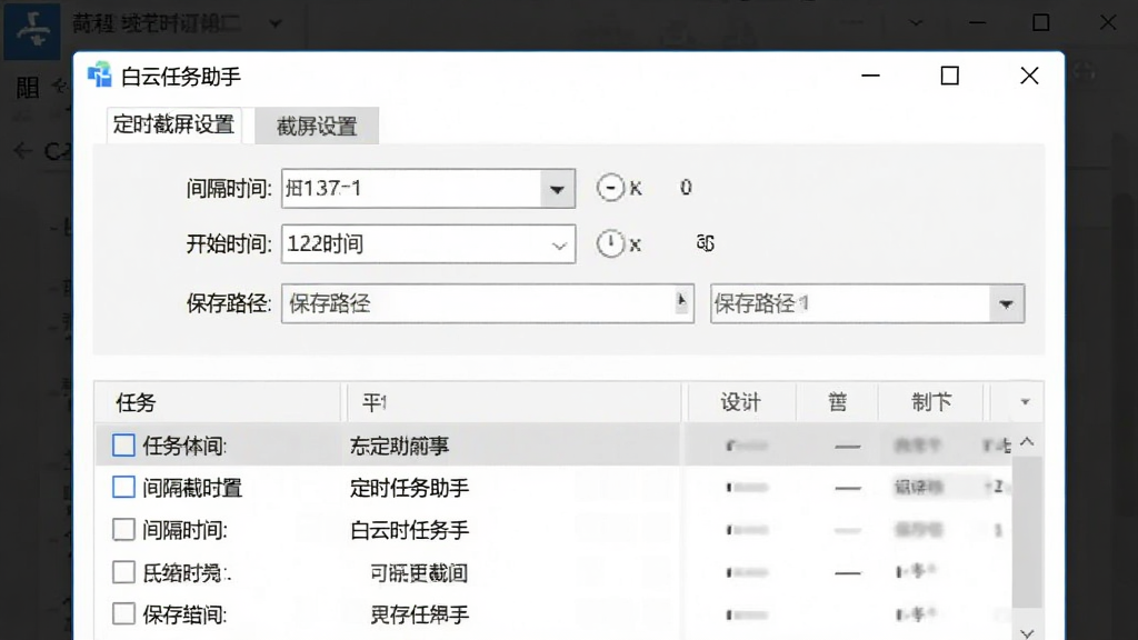 一张定时任务设置界面的截图,画面中显示白云截屏助手的定时截屏设置窗口,有“间隔时间”“开始时间”“保存路径”等选项,下方有任务列表,界面排版整齐,风格为办公软件风,细节体现自动化设置,画质清晰,干净无多余元素