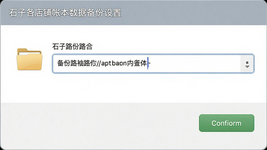 一张展示石子店铺帐本数据备份设置界面的图片,画面中显示备份路径选择框和备份按钮,界面布局为设置面板形式,风格为简洁实用风格,细节包括文件夹图标、路径文字、确认按钮,画质清晰干净,无多余元素