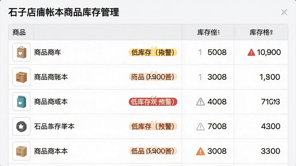 一张展示石子店铺帐本商品库存管理功能的图片,画面中显示商品列表和库存数量,部分商品标注低库存预警,界面布局为表格形式,风格为浅色系管理软件风格,细节包括商品图标、数量数字、预警标识,画质清晰干净,无多余元素