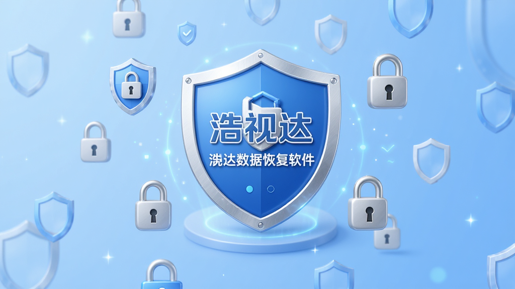 浩视达数据恢复软件安全只读模式宣传图,画面中央为“浩视达数据恢复软件”标识,周围有盾牌和锁形图标,背景为浅蓝色渐变,风格简洁安全,排版居中,细节精致,画质高清,干净无多余元素