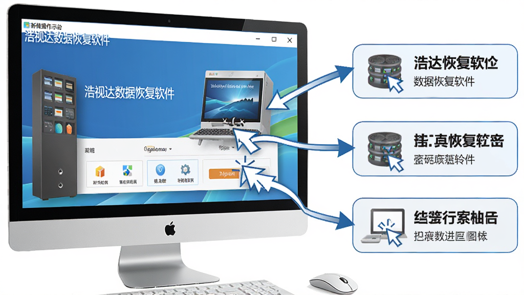 浩视达数据恢复软件新手操作示意图,画面中展示电脑屏幕上的“浩视达数据恢复软件”界面,旁边有鼠标点击步骤标注,风格教学向,排版清晰,细节明确,画质高清,干净无多余元素