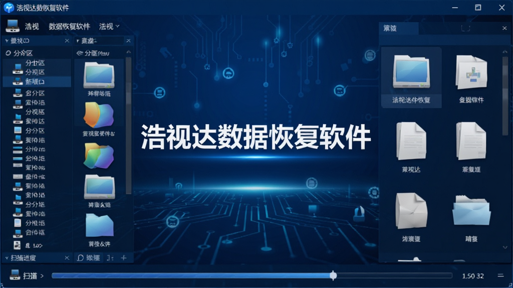 浩视达数据恢复软件主界面全貌,居中展示软件名称“浩视达数据恢复软件”,背景为深蓝色科技风格,左侧为磁盘分区列表,右侧为文件预览区域,底部有扫描进度条,整体布局清晰,风格专业简洁,细节精致,画质高清,干净无多余元素
