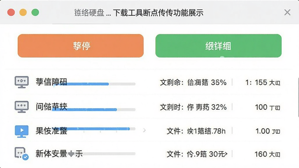 网络硬盘下载工具断点续传功能展示图,主体是任务列表中的暂停与继续按钮,布局为上下结构,排版简洁,风格为清爽浅色,细节有进度百分比、剩余时间、文件大小,画质清晰,干净,无多余元素