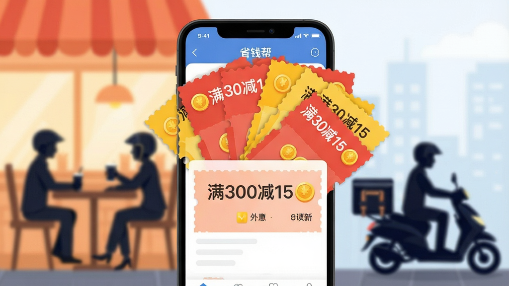 一张展示“省钱帮”外卖优惠券聚合功能的竖版海报,画面主体是手机界面中弹出多张红色和黄色优惠券,背景是模糊的餐厅和外卖骑手剪影,布局上优惠券呈扇形展开,风格为扁平插画,细节包括“满30减15”字样和金币图标,画质清晰干净无多余元素