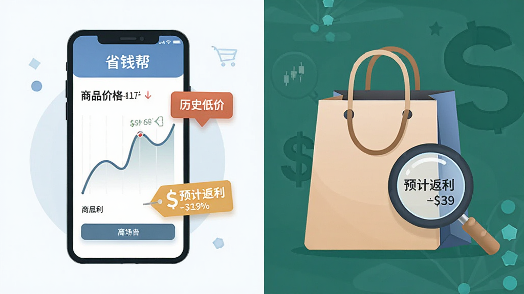展示“省钱帮”购物返利与比价功能的场景图,主体是手机屏幕显示商品价格曲线图和返利金额标签,旁边有购物袋和放大镜元素,布局为左右分栏,风格为简约商务插画,细节包括“历史低价”和“预计返利”文字,画质清晰干净无多余元素