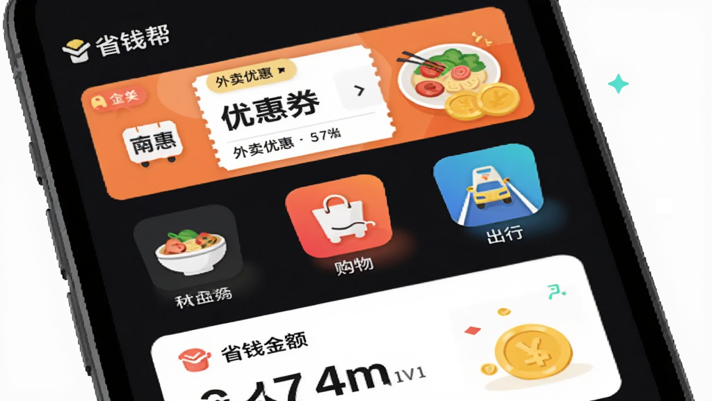 手机屏幕中央展示“省钱帮”应用主界面,上方是外卖优惠券横幅,中间排列美食、购物、出行图标,下方是省钱金额统计卡片,整体布局简洁明快,风格为扁平化插画,细节包括优惠券标签和金币元素,画质清晰干净无多余元素