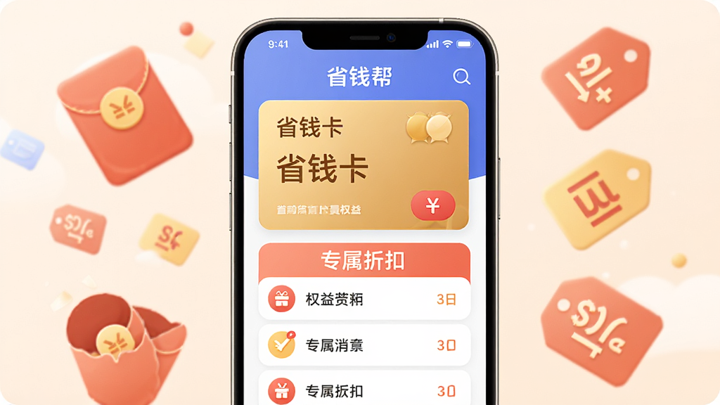 展示“省钱帮”省钱卡会员权益的界面图,主体是手机屏幕显示金色卡片和权益列表,背景有红包和折扣标签漂浮,布局为上下结构,风格为柔和圆角插画,细节包括“省钱卡”和“专属折扣”文字,画质清晰干净无多余元素