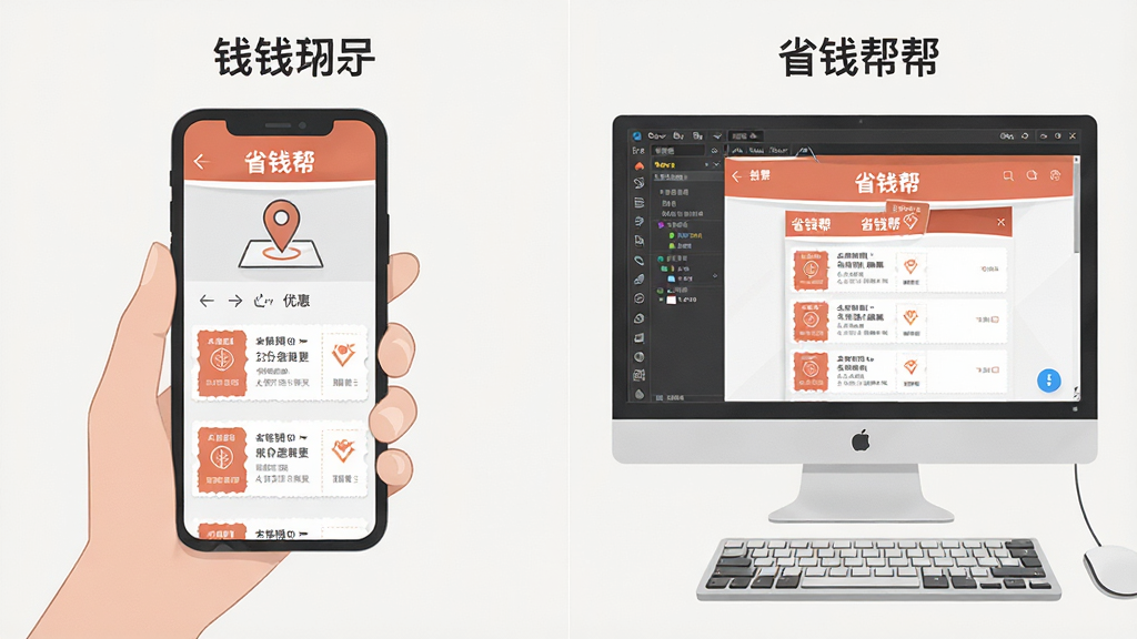 一张对比手机和电脑使用“省钱帮”场景的示意图,左侧是手持手机展示优惠券列表,右侧是电脑屏幕中安卓模拟器运行省钱帮界面,布局为左右对比,风格为素雅极简插画,细节包括手机上的定位图标和电脑上的键盘图标,画质清晰干净无多余元素