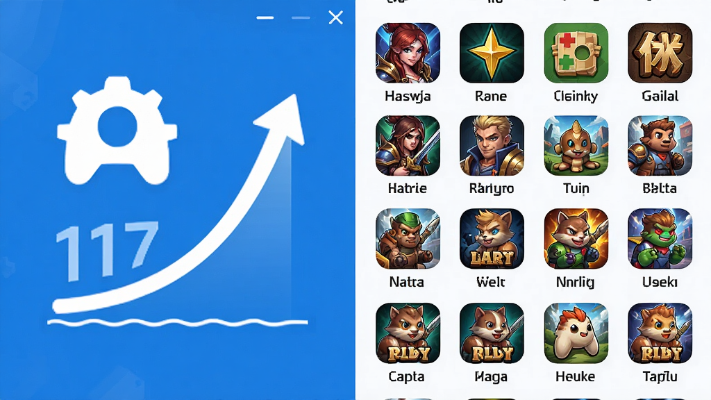 117game游戏浏览器功能展示图,画面分为左右两部分,左侧是加速引擎图标与性能曲线上升的示意图,右侧是排列整齐的游戏图标网格,包含角色扮演、策略、休闲等类型标识,整体风格简洁明快,采用蓝白配色,画质清晰,布局规整,无多余装饰元素