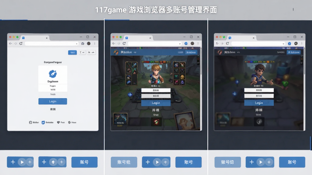 117game游戏浏览器多账号管理界面示意图,画面中展示三个并排的浏览器窗口,每个窗口内显示不同的游戏登录界面,窗口之间用细线分隔,底部有账号切换按钮,整体风格偏向实用工具风,配色以浅灰和蓝色为主,画质干净,排版整齐