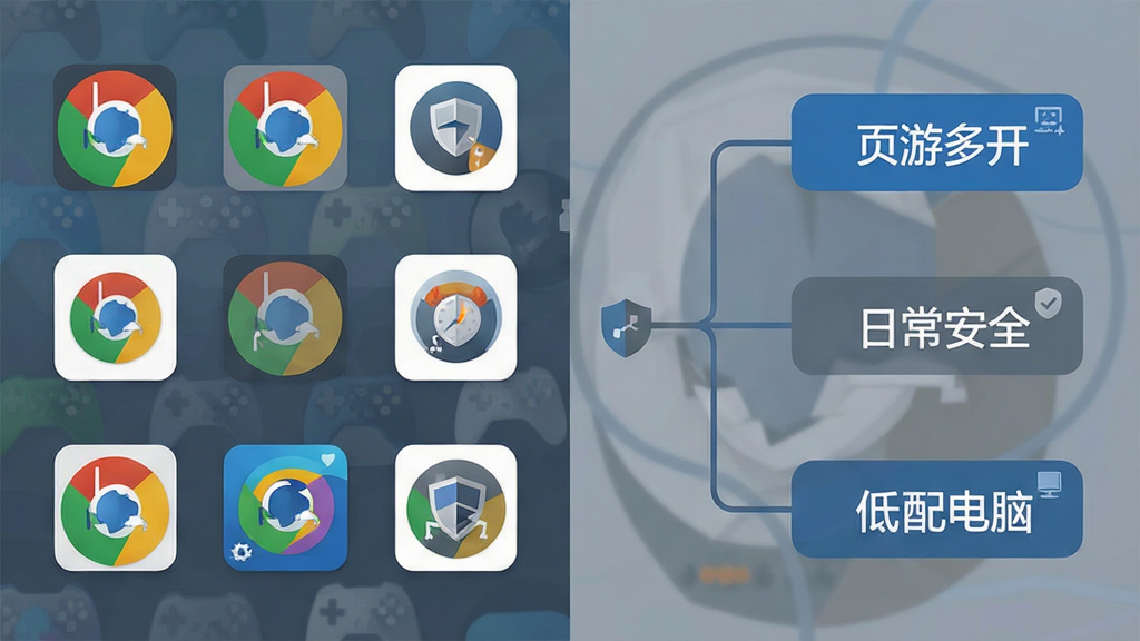 一张对比选择示意图,画面左侧是多种游戏浏览器图标排列,右侧是选择决策树状图,包含“页游多开”“日常安全”“低配电脑”三个分支,整体风格简洁商务,配色以蓝灰为主,画质清晰,排版工整,无杂乱元素