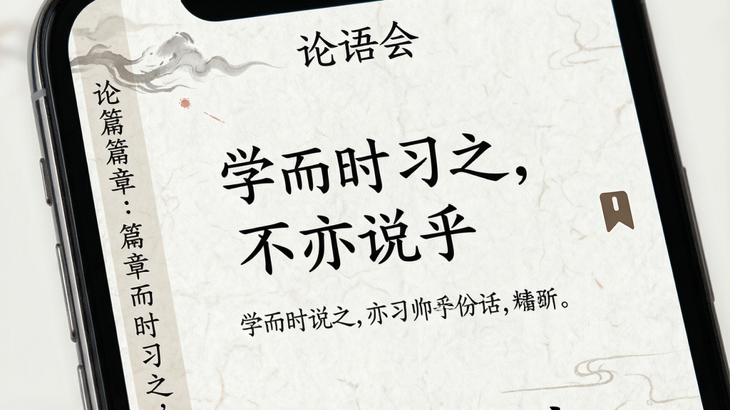 一张“论语会”功能展示图,主体为手机屏幕特写,屏幕内清晰显示“学而时习之,不亦说乎”的原文及下方白话译文,左侧有竖排的篇章目录,右侧有书签图标,布局为居中构图,风格为现代极简融合古典元素,细节包括屏幕上的仿宣纸底纹和细腻的字体边缘,画质高清,画面干净,无多余元素