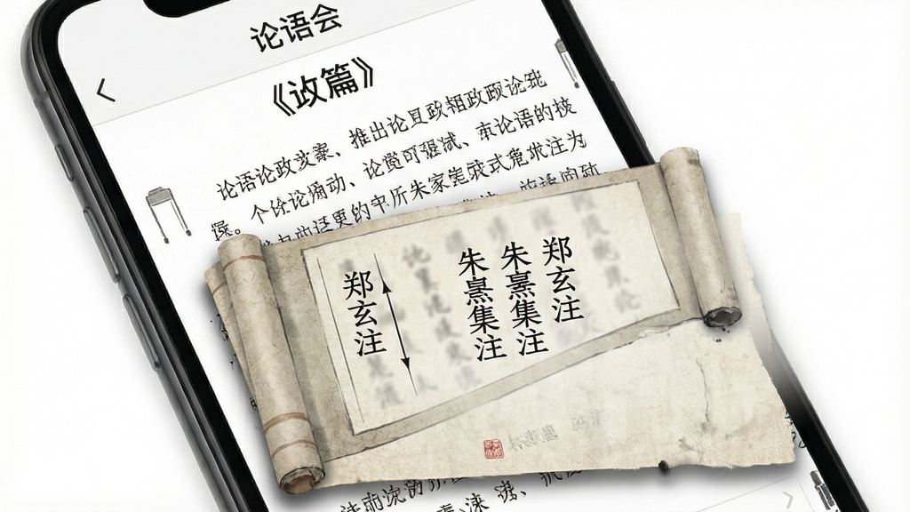 一张“论语会”软件内页截图风格图,主体为手机屏幕,屏幕上显示《论语》为政篇原文,下方弹出半透明的笺注浮层,浮层内用竖排小字标注“郑玄注”“朱熹集注”等字样,布局为上下分层,风格为古典学术风,细节包括浮层的纸张纹理和淡淡的墨色阴影,画质清晰,画面干净,无多余元素