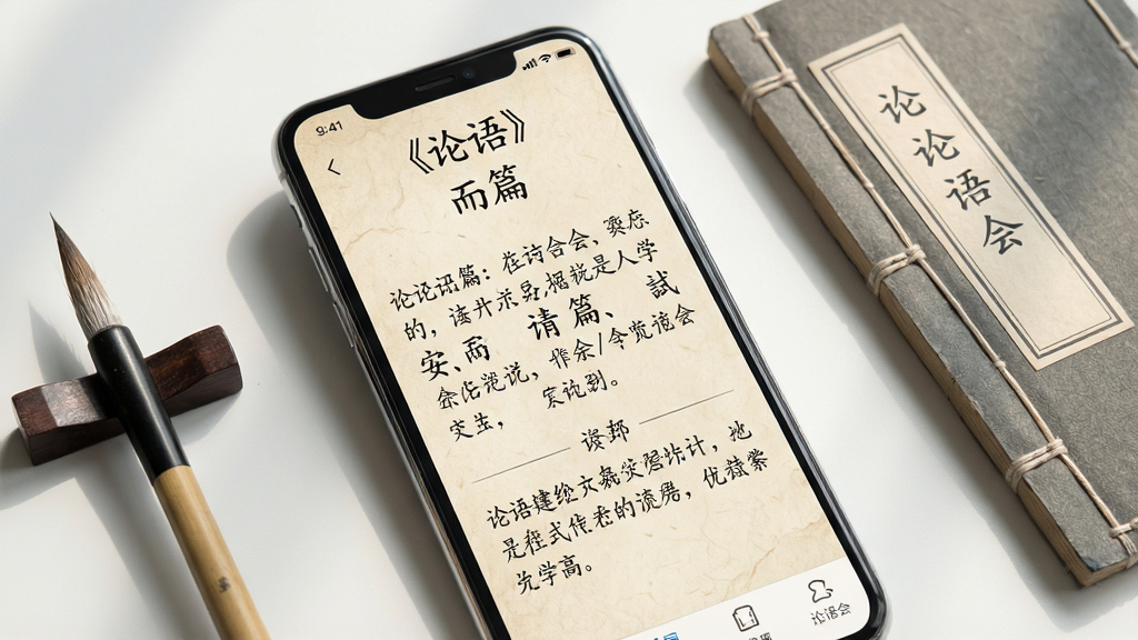 一张展示“论语会”手机应用界面的场景图,主体为一部竖屏智能手机,屏幕中央显示《论语》学而篇的原文与白话译文,字体清秀,背景为淡雅的米黄色仿古纸张纹理,布局上手机微微倾斜,旁边放着一支毛笔和一本线装书作为点缀,风格为清新简约的中国风,细节包括书页的细微纹理和柔和的光影,画质清晰,画面干净,无多余元素