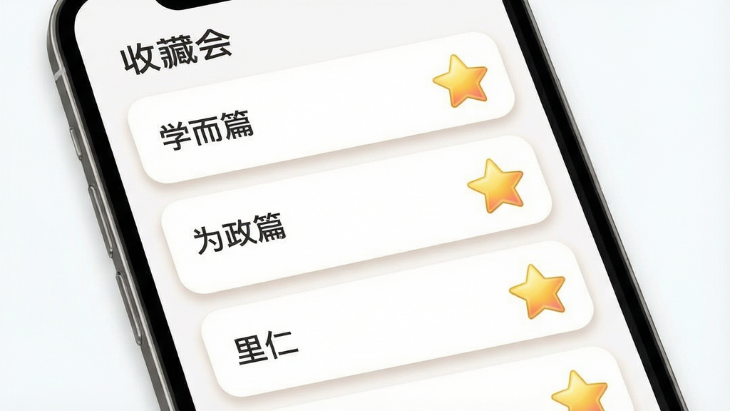 一张“论语会”收藏与书签功能示意图,主体为手机屏幕,屏幕上显示收藏列表,列表项包括“学而篇”“为政篇”“里仁篇”等,每项右侧有一颗金色星星图标,布局为卡片式排列,风格为柔和圆角风,细节包括卡片边缘的轻微投影和星星的渐变光泽,画质清晰,画面干净,无多余元素